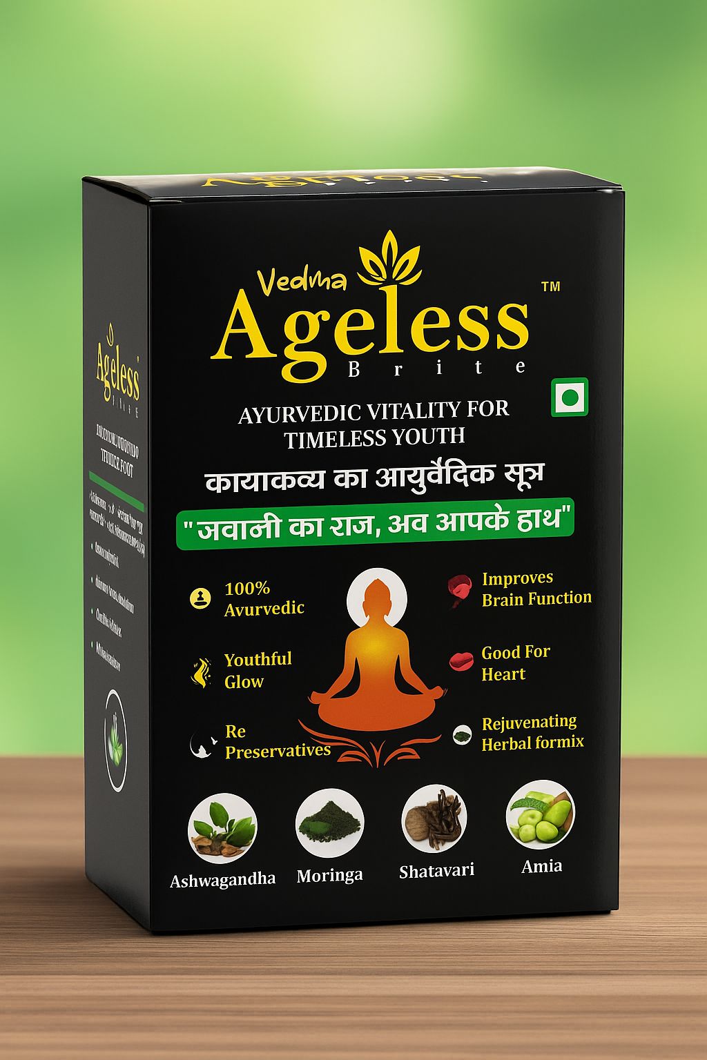The premium black and gold box of Vedma Ageless Brite.